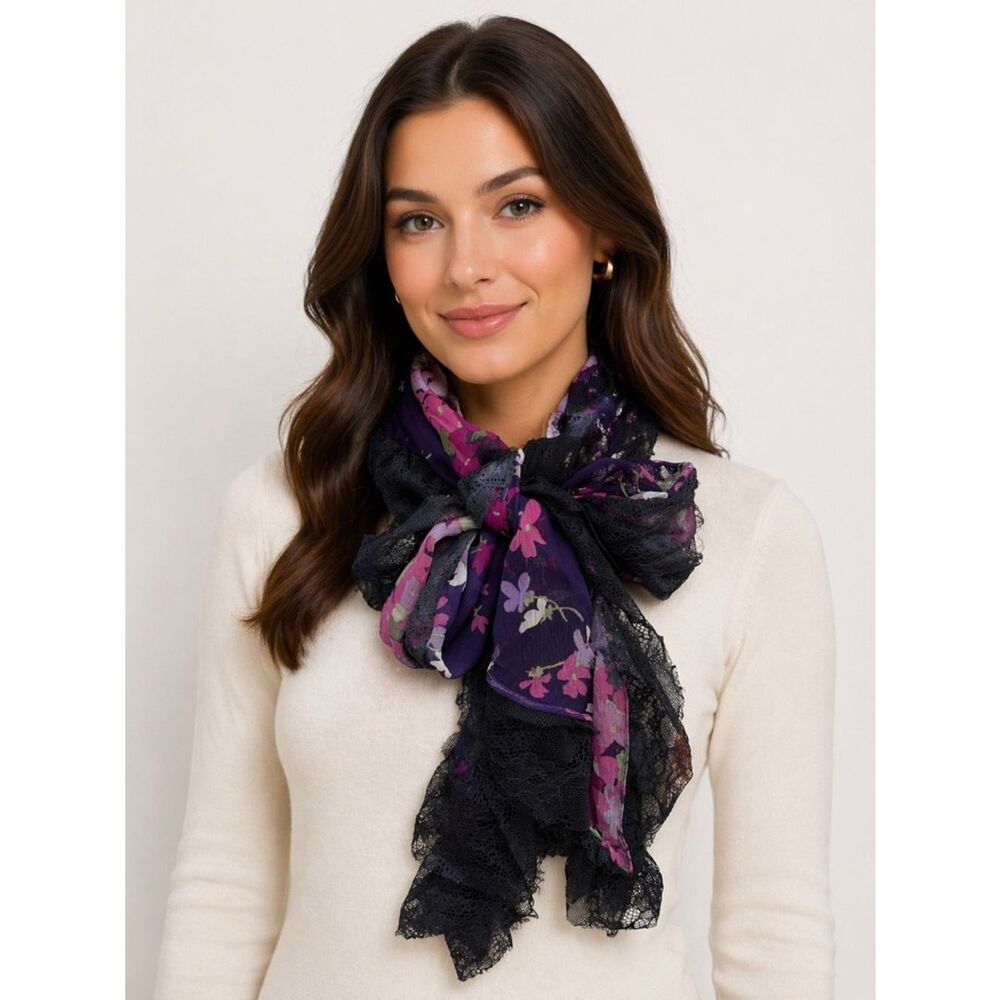 Ralph Lauren 100% Silk Black/Purple Floral & Lace Lightweight Scarf Romantic